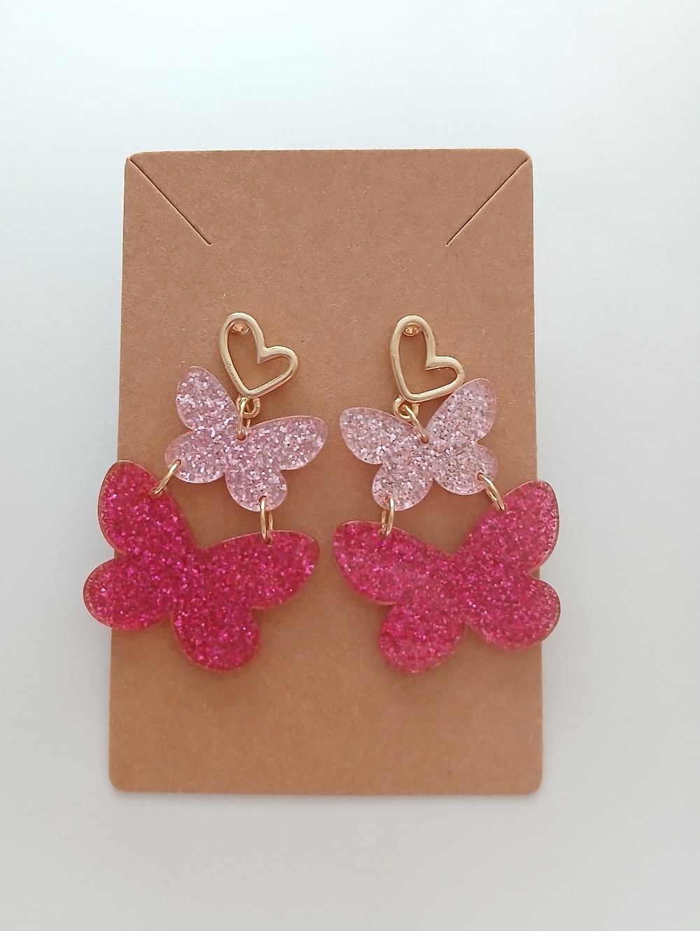 Fashion Jewelry Pink Glitter Butterfly Heart Drop Earrings